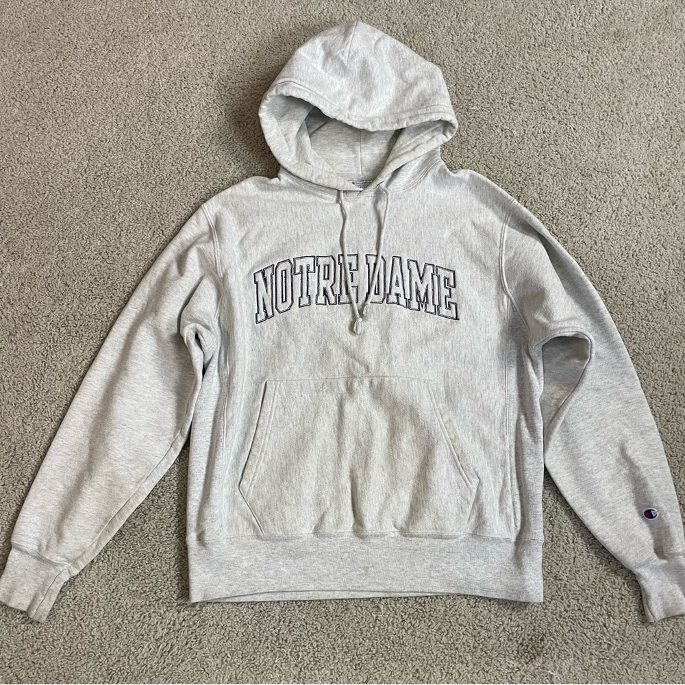 VINTAGE Men's CHAMPION Grey REVERSE WEAVE Embroidered NOTRE DAME College HOODIE